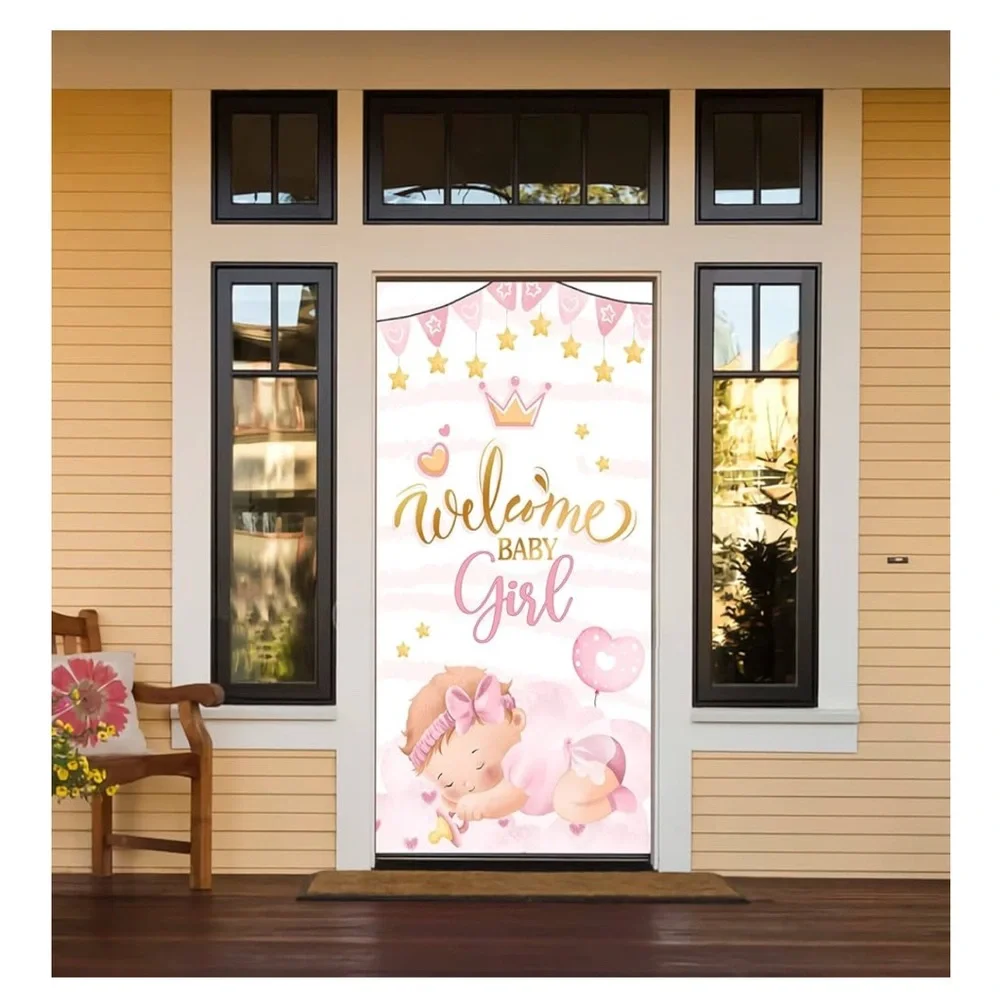 Baby shower backdrop “Welcome Baby Girl” Door cover 38”x74” Decor Gender Reveal